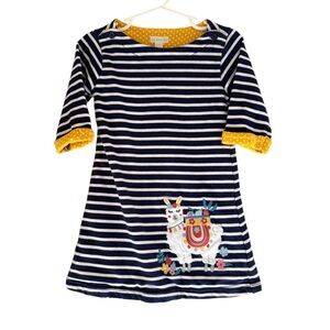 JoJo Maman Bebe Striped Llama Dress Toddler 2-3Y Navy Yellow Applique Cute